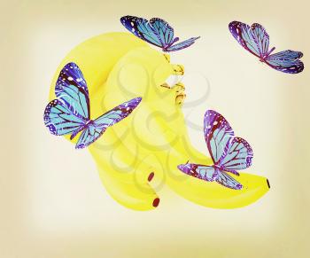 Blue butterflys on a bananas on a white background . 3D illustration. Vintage style.