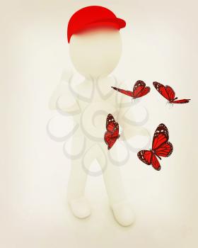 3d man in a red peaked cap with thumb up and butterflies on a white background. 3D illustration. Vintage style.