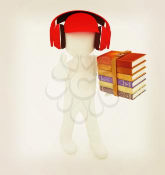 3d white man in a red peaked cap with thumb up, books and headphones on a white background. 3D illustration. Vintage style.