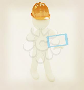 3d white man in a hard hat with thumb up and tablet pc on a white background. 3D illustration. Vintage style.