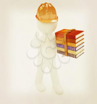 3d man in a hard hat with thumb up presents the best technical literature on a white background. 3D illustration. Vintage style.
