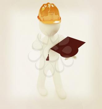 3d man in a hard hat with thumb up presents the best technical education on a white background. 3D illustration. Vintage style.