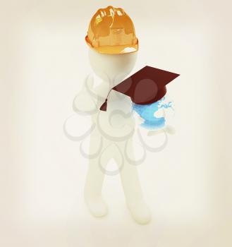 3d man in a hard hat with thumb up presents the best global technical education on a white background. 3D illustration. Vintage style.