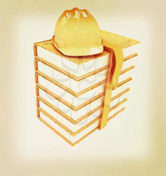 Stack of leather technical book with belt and hard hat on white background . 3D illustration. Vintage style.