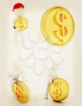 Set of 3d small man with gold dollar coin  on a white background. 3D illustration. Vintage style.