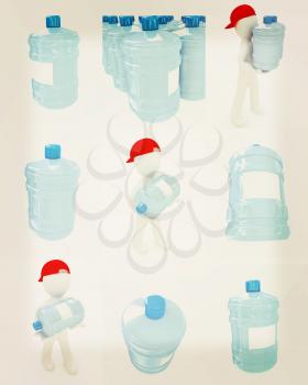 Set of 3d man carrying a water bottle with clean blue water on a white background. 3D illustration. Vintage style.
