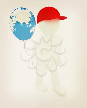 3d man keeps balloon of earth. Global holiday on a white background. 3D illustration. Vintage style.