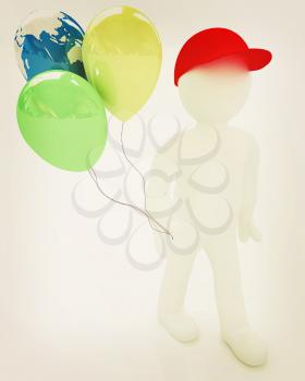 3d man keeps balloons of earth and colorful balloons . Global holiday on a white background. 3D illustration. Vintage style.