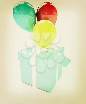 Gift box with balloon for summer on a white background. 3D illustration. Vintage style.