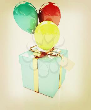 Gift box with balloon for summer on a white background. 3D illustration. Vintage style.
