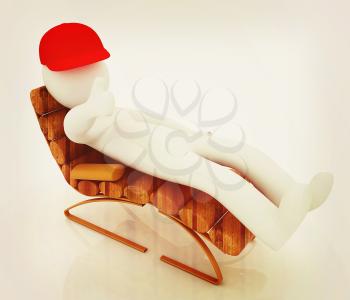 3d white man lying wooden chair with thumb up on white background . 3D illustration. Vintage style.