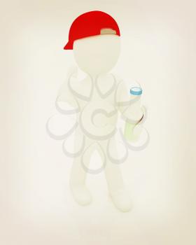 3d man with plastic milk products bottles set on a white background. 3D illustration. Vintage style.