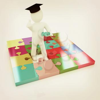 3d man in a graduation Cap with thumb up with individual puzzles on a white background. 3D illustration. Vintage style.