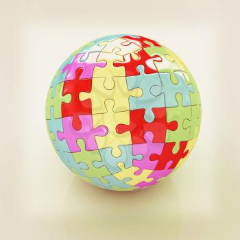 Sphere collected from colorful puzzle on a white background. 3D illustration. Vintage style.