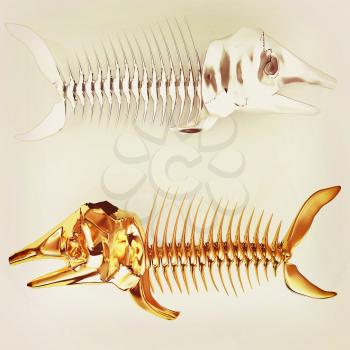 3d metall illustration of fish skeleton on a white background. 3D illustration. Vintage style.