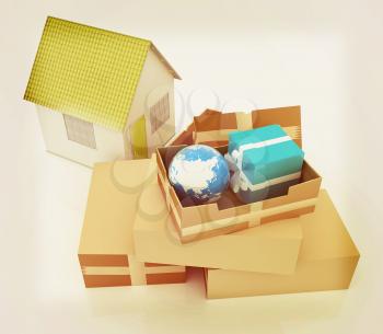 Cardboard boxes, gifts, earth and houses on a white background. 3D illustration. Vintage style.