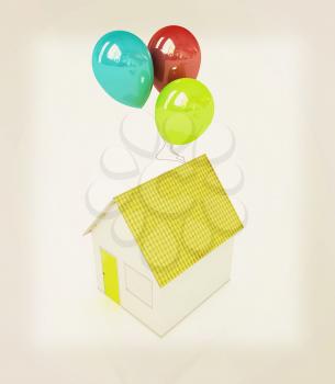 House with colorful balloons on a white background. 3D illustration. Vintage style.