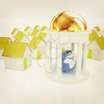 Earth in rotunda and houses on a white background. 3D illustration. Vintage style.