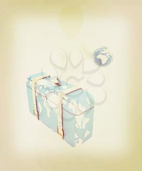 Leather suitcase for travel with 3d man and earth on a white background. 3D illustration. Vintage style.
