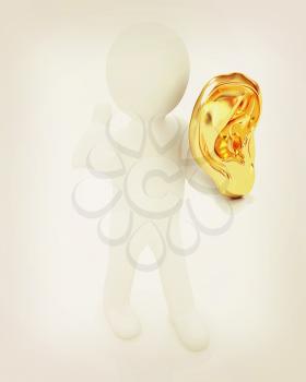 3d man with ear gold 3d render isolated on white background . 3D illustration. Vintage style.