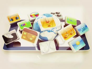 Touchscreen Smart Phone with Cloud of Media Application Icons on a white background. 3D illustration. Vintage style.