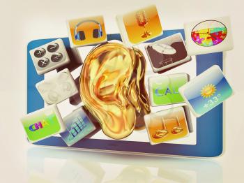 Ear gold on tablet pc with cloud of media application Icons on a white background. 3D illustration. Vintage style.