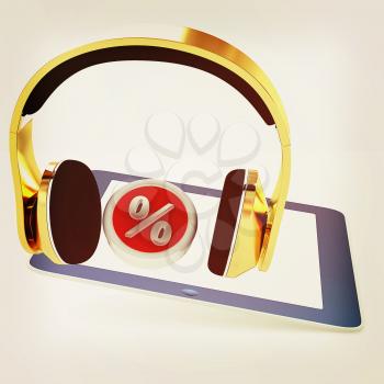 Phone gold on tablet pc with percent on a white background. 3D illustration. Vintage style.