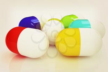 Pills on a white background. 3D illustration. Vintage style.