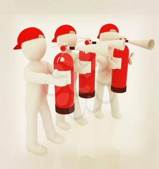 3d mans with red fire extinguisher on a white background. 3D illustration. Vintage style.