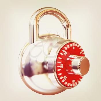 Illustration of security concept with chrome locked combination pad lock on a white background. 3D illustration. Vintage style.
