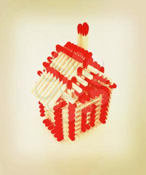 Log house from matches pattern on white . 3D illustration. Vintage style.