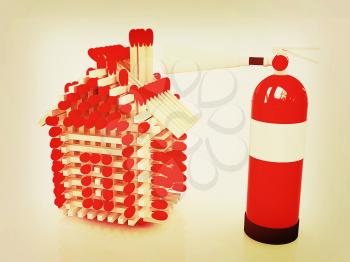 Red fire extinguisher and log house from matches pattern on white . 3D illustration. Vintage style.