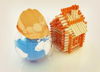 Log house from matches pattern on white and hard hat on earth . 3D illustration. Vintage style.