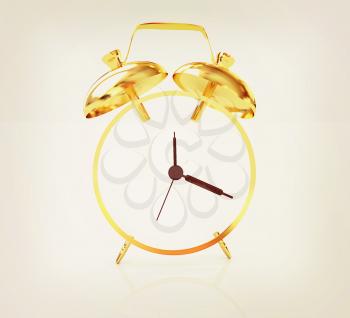 3D illustration of gold alarm clock icon on a white background. 3D illustration. Vintage style.