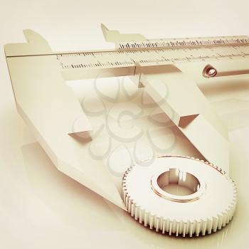 Vernier caliper measures the cogwheel on a white background. 3D illustration. Vintage style.