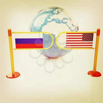Three-dimensional image of the turnstile and flags of USA and Russia on a white background . 3D illustration. Vintage style.