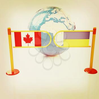 Three-dimensional image of the turnstile and flags of Canada and Ukraine on a white background . 3D illustration. Vintage style.