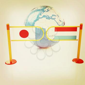 Three-dimensional image of the turnstile and flags of Japan and Luxembourg on a white background . 3D illustration. Vintage style.