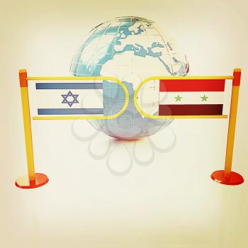 Three-dimensional image of the turnstile and flags of Israel and Syria on a white background . 3D illustration. Vintage style.