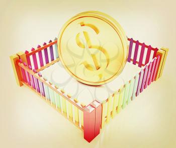 Dollar coin in closed colorfull fence concept illustration on a white background. 3D illustration. Vintage style.