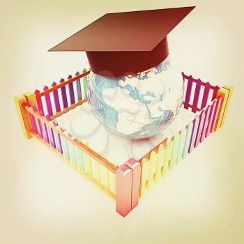 Global education concept in closed colorfull fence. Concept education protection on a white background. 3D illustration. Vintage style.