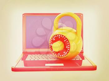 Laptop with lock.3d illustration on white isolated background.. 3D illustration. Vintage style.