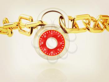 Padlock and chain on a white background. 3D illustration. Vintage style.
