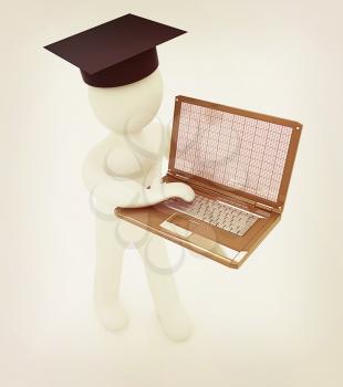 3d man in graduation hat with laptop on a white background. 3D illustration. Vintage style.