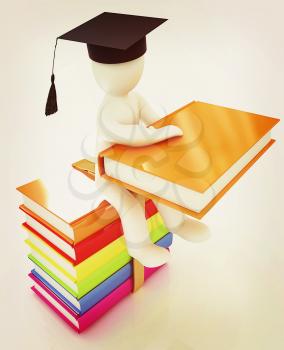 3d man in graduation hat with useful books sits on a colorful glossy boks on a white background. 3D illustration. Vintage style.