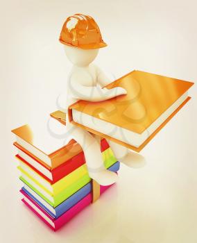 3d man in a hard hat with book sits on the colorful books on a white background. 3D illustration. Vintage style.