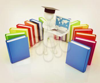 3d man in graduation hat working at his laptop and books on a white background. 3D illustration. Vintage style.
