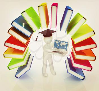 Colorful books like the rainbow and 3d man in a graduation hat with laptop on a white background. 3D illustration. Vintage style.
