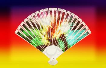 Colorful hand fan on a white background. 3D illustration. Vintage style.