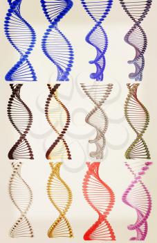 Set of DNA structure model on a white background. 3D illustration. Vintage style.